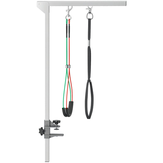 Silver-tone pet grooming arm with table clamp, colored haunch holders and black grooming loop.