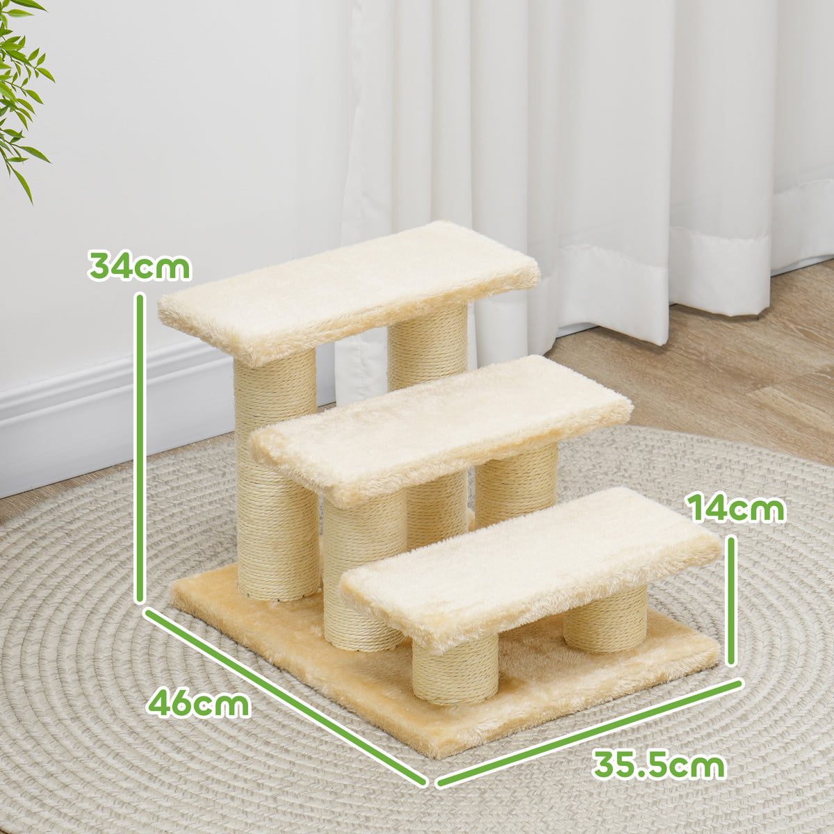 Beige three-step pet stairs with dimensions of 46 by 35.5 by 34 cm