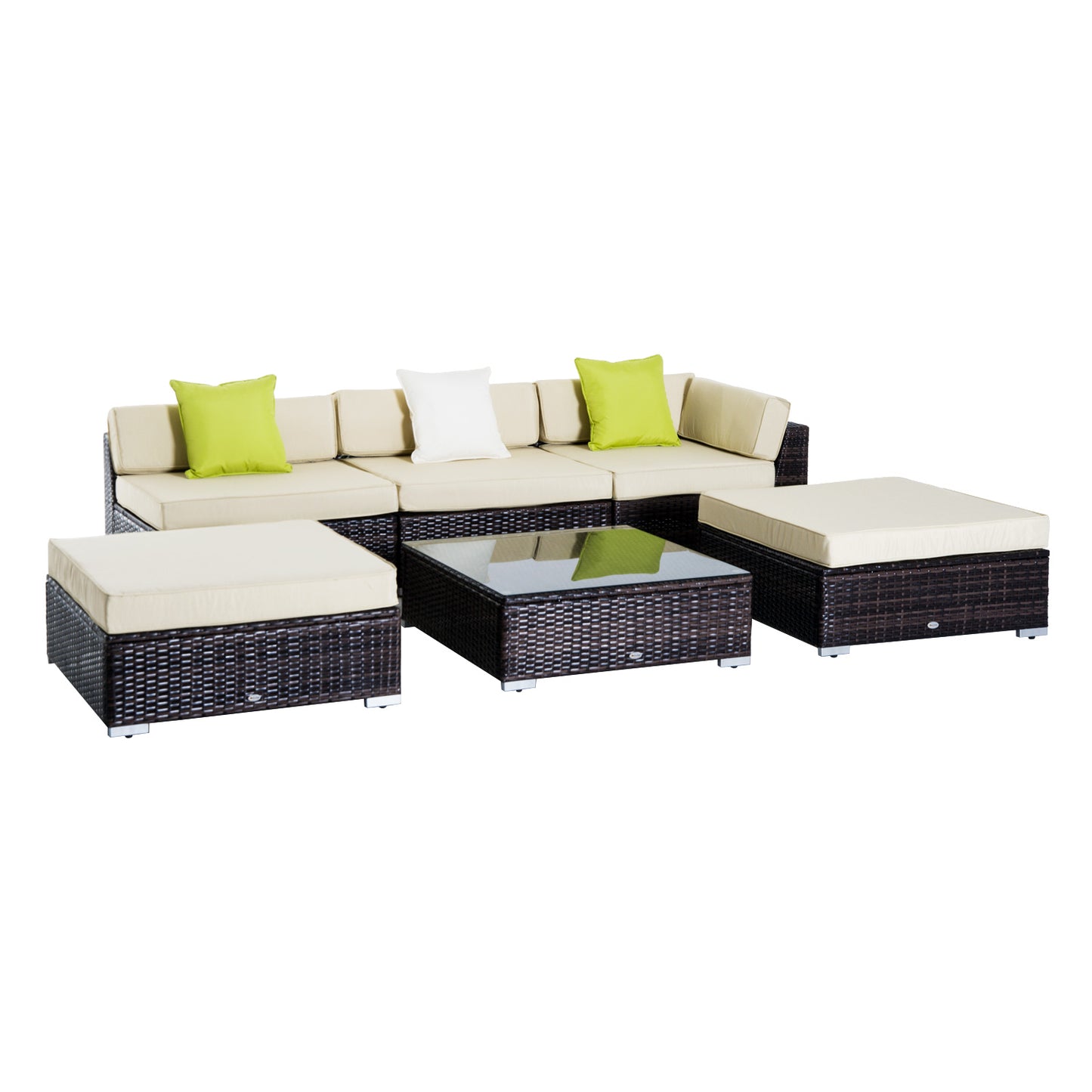Photo of Outsunny 6 PC Rattan Sofa Coffee Table Set, Sectional Wicker Weave Furniture for Garden Outdoor Conservatory with Pillow Cushion, Brown in Brown colour on a white background