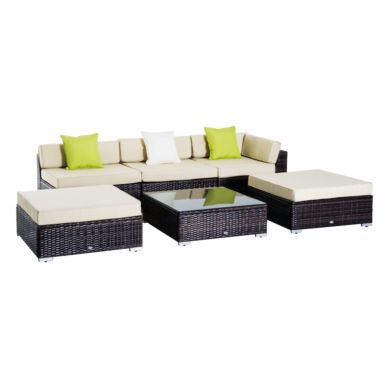 Photo of Outsunny 6 PC Rattan Sofa Coffee Table Set, Sectional Wicker Weave Furniture for Garden Outdoor Conservatory with Pillow Cushion, Brown in Brown colour on a white background