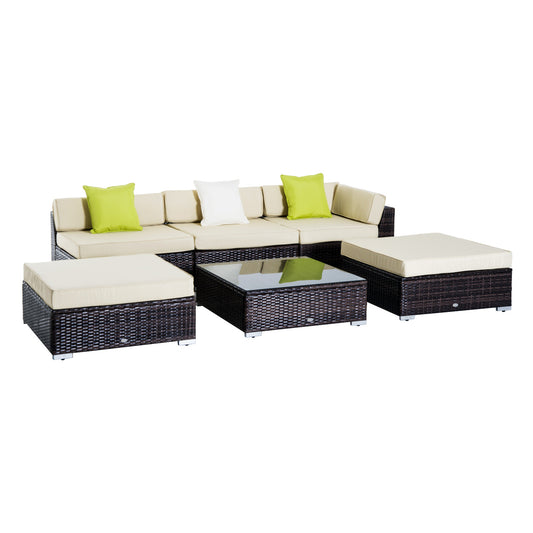 Photo of Outsunny 6 PC Rattan Sofa Coffee Table Set, Sectional Wicker Weave Furniture for Garden Outdoor Conservatory with Pillow Cushion, Brown in Brown colour on a white background