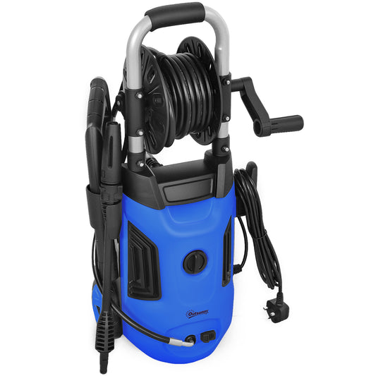 Photo of Outsunny 1800W High Pressure Washer, 150 Bar Pressure, 420 L/h Flow, Portable Power Washer Jet Wash Cleaner with Adjustable Nozzle, 6M Hose, Hose Reel, Steel Handle for Home Patio Car Driveway, Blue in Blue colour on a white background