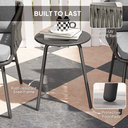 Round bistro table with dark steel legs and grey rattan chair details