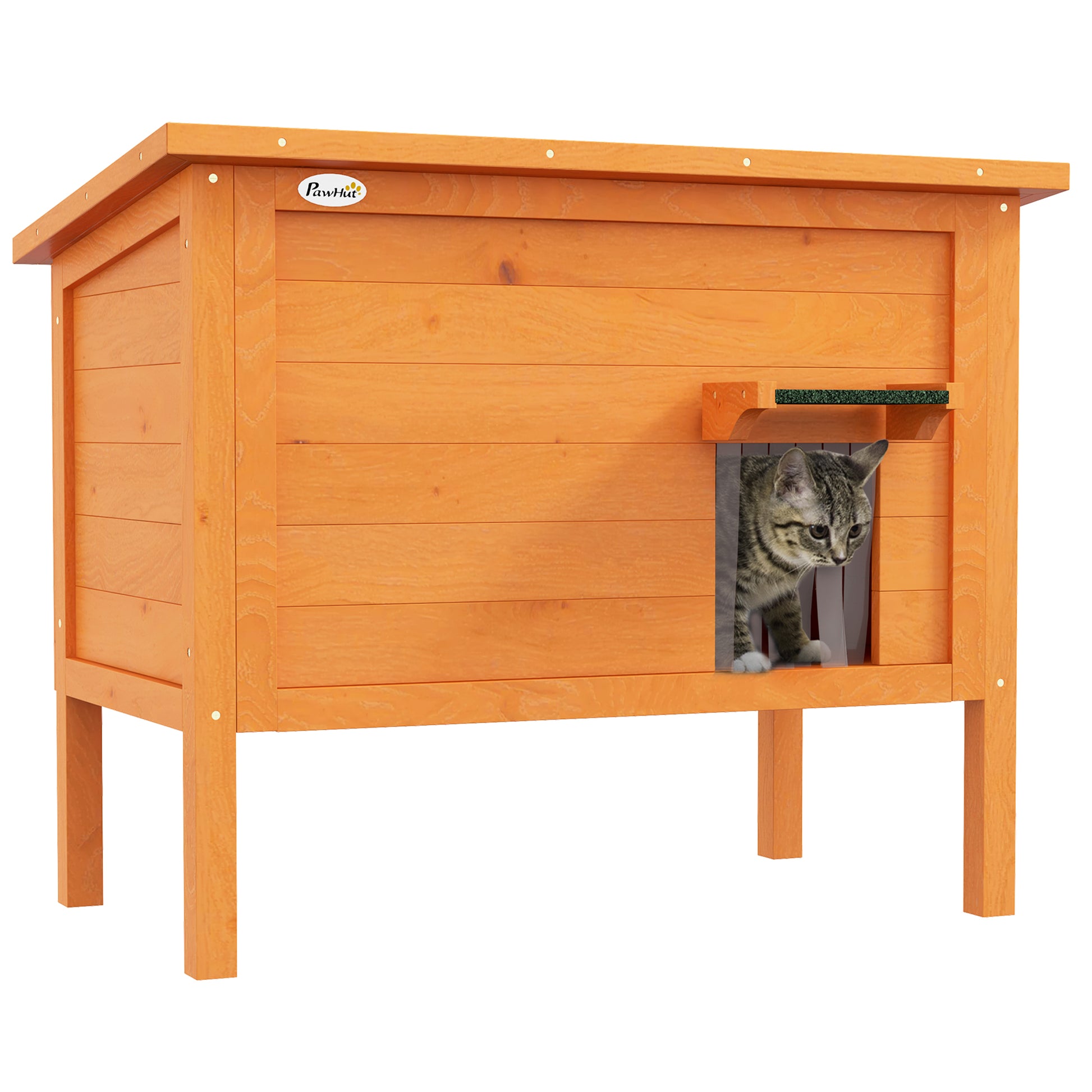 Photo of PawHut Feral Cat House, Wooden Insulated with Removable Floor, Water-Resistant Openable Roof - Orange in Orange colour on a white background