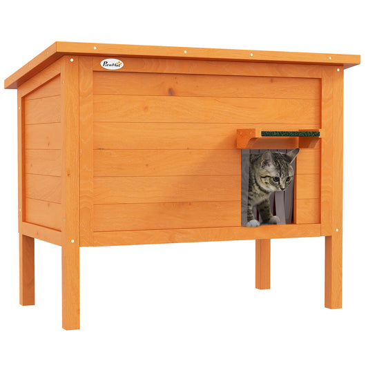 Photo of PawHut Feral Cat House, Wooden Insulated with Removable Floor, Water-Resistant Openable Roof - Orange in Orange colour on a white background