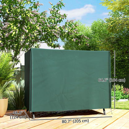 Green three-seater swing chair cover shown fitted, with width and height measurements
