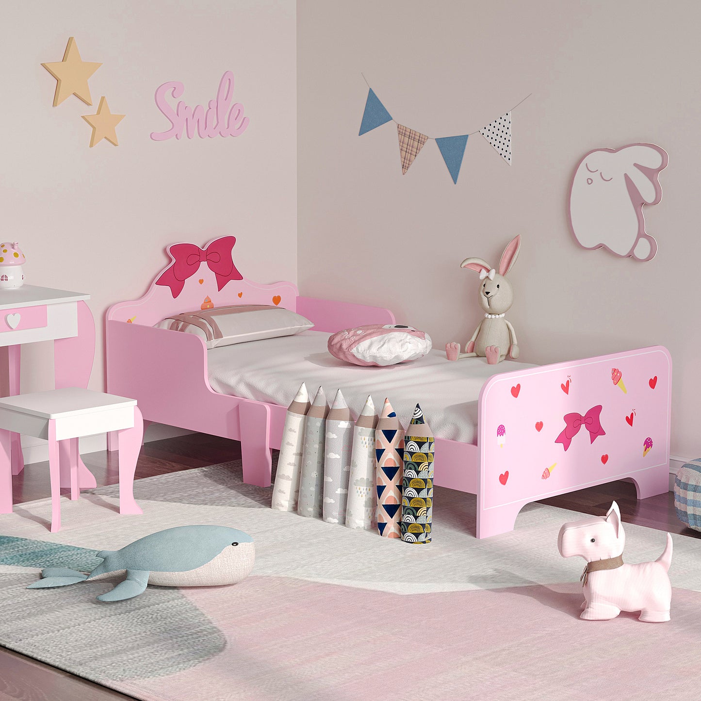 ZONEKIZ Princess-Themed Kids Toddler Bed w/ Cute Patterns, Safety Rails, for Ages 3-6 Years - Pink