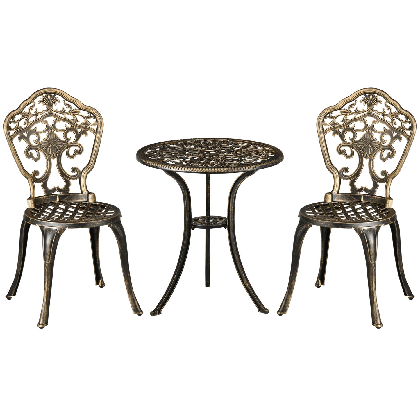 Photo of Outsunny 3 Piece Cast Aluminium Garden Bistro Set for 2 with Parasol Hole, Outdoor Coffee Table Set, Two Armless Chairs and Round Coffee Table for Balcony, Patio, Bronze in Bronze colour on a white background