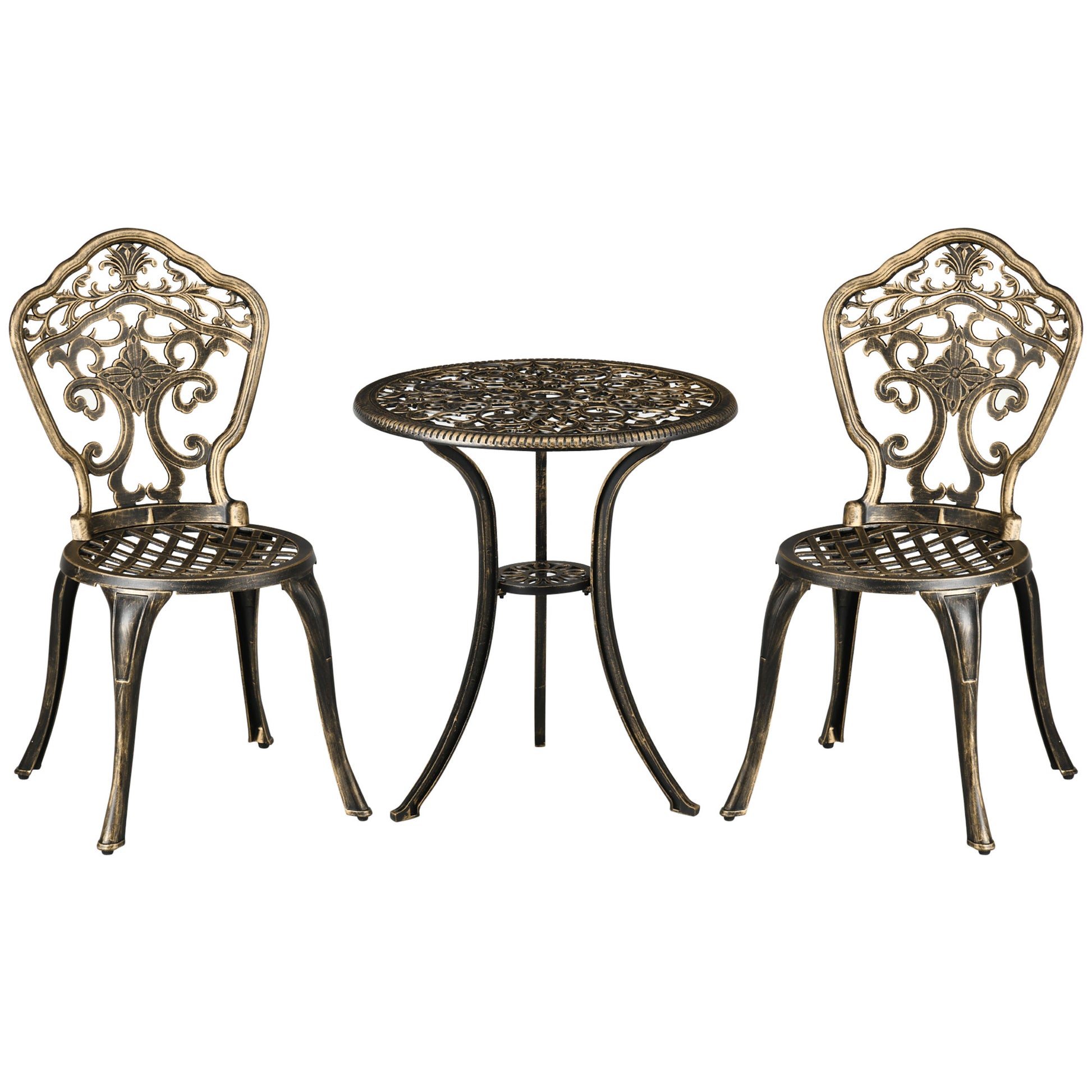 Photo of Outsunny 3 Piece Cast Aluminium Garden Bistro Set for 2 with Parasol Hole, Outdoor Coffee Table Set, Two Armless Chairs and Round Coffee Table for Balcony, Patio, Bronze in Bronze colour on a white background