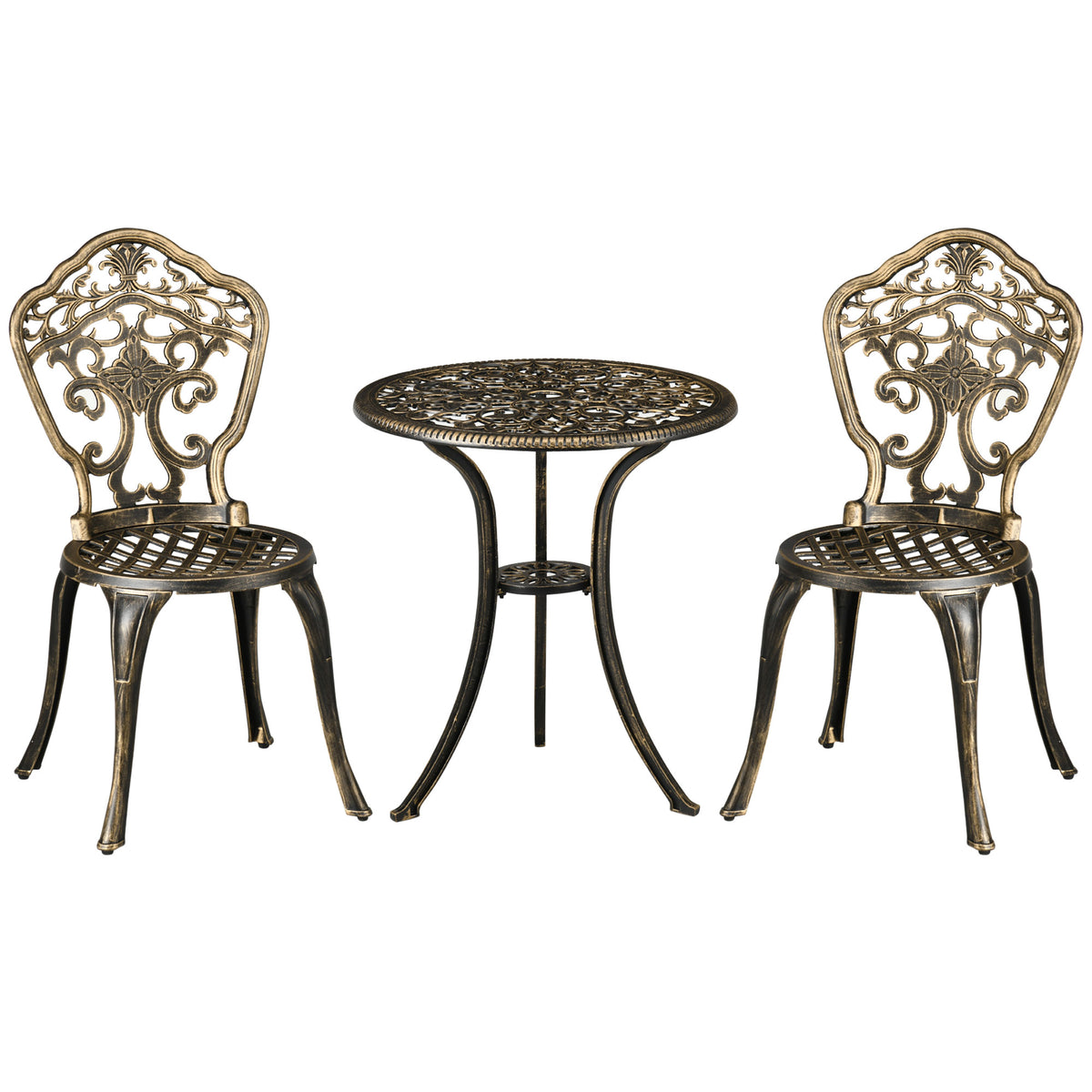 Photo of Outsunny 3 Piece Cast Aluminium Garden Bistro Set for 2 with Parasol Hole, Outdoor Coffee Table Set, Two Armless Chairs and Round Coffee Table for Balcony, Patio, Bronze in Bronze colour on a white background