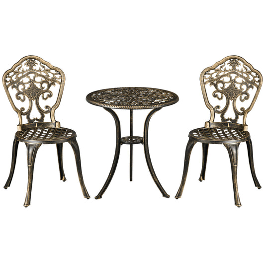 Photo of Outsunny 3 Piece Cast Aluminium Garden Bistro Set for 2 with Parasol Hole, Outdoor Coffee Table Set, Two Armless Chairs and Round Coffee Table for Balcony, Patio, Bronze in Bronze colour on a white background