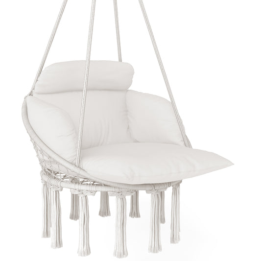 Photo of Outsunny Hanging Chair Outdoor Hammock Chair with Soft Cushion, Cotton Rope Boho Style Swing Chair, Hanging Garden Swing Seat for Indoor Outdoor, Cream White in White colour on a white background