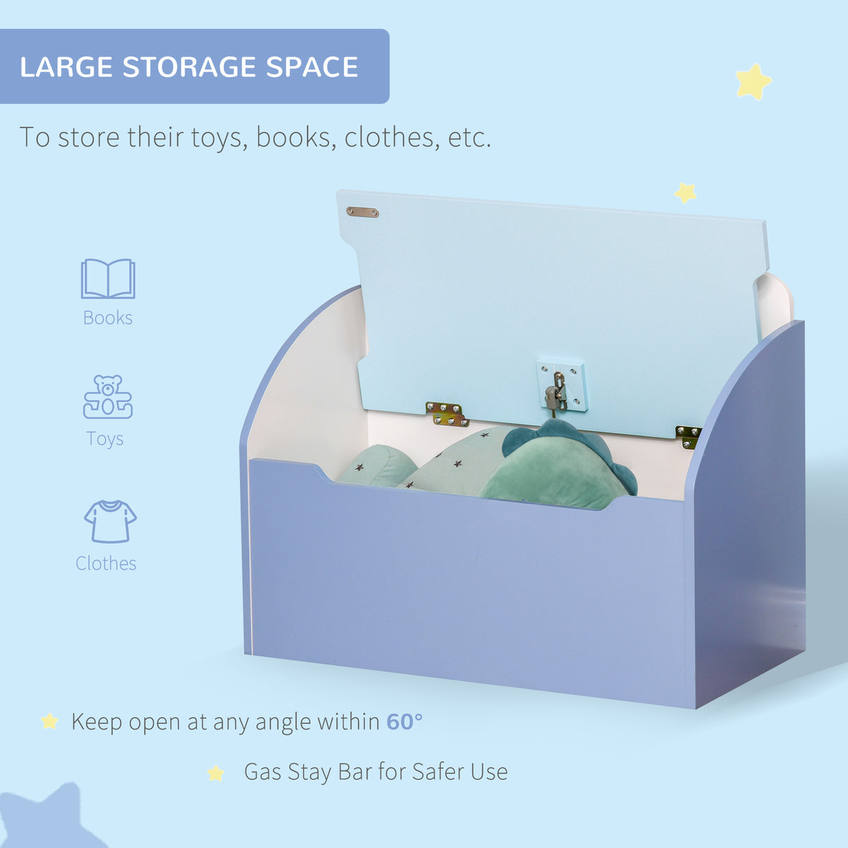 Blue toy storage chest with raised safety-hinged lid and toys inside