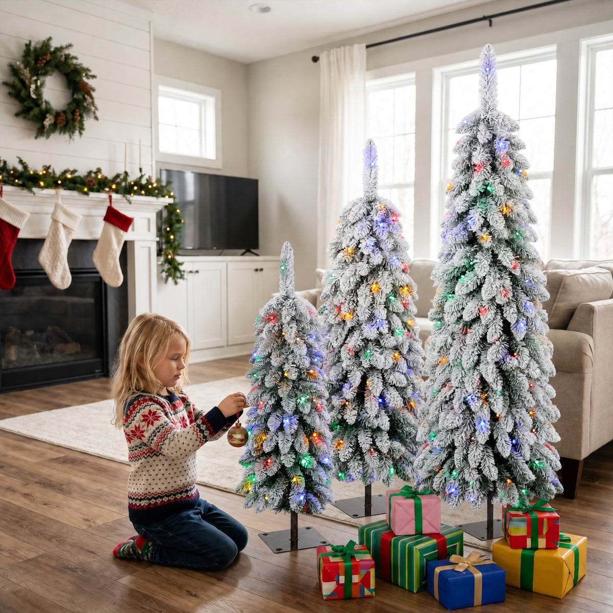 HOMCOM Artificial Christmas Tree Set of 3, Snowy Pre-Lit Christmas Tree with PVC Branch Tips, 90/120/150 cm, Green White
