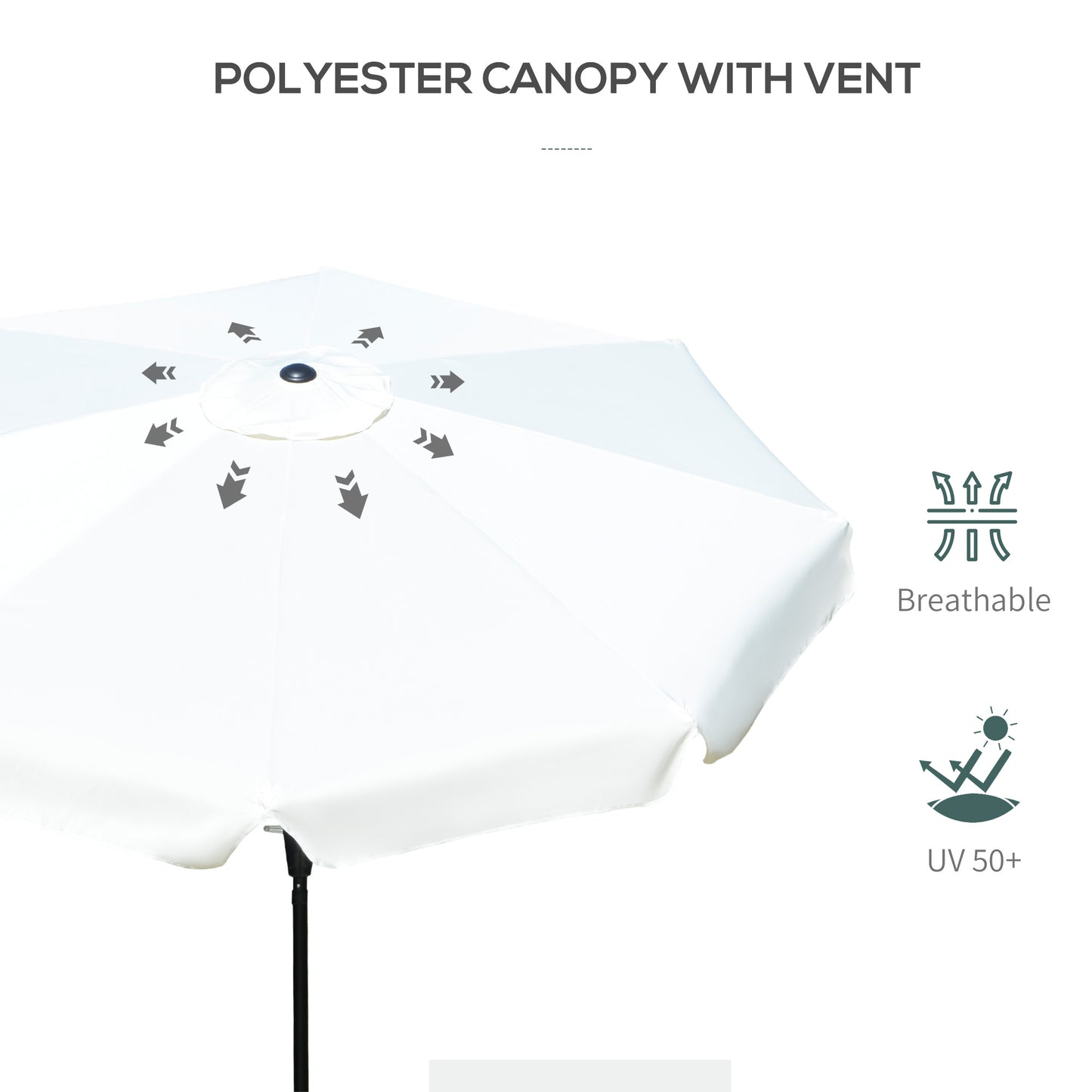 Outsunny 2.7m Patio Parasol Garden Umbrellas with Aluminium Pole, UPF 50+ Outdoor Sun Shade Table Umbrella with Tilt, Crank, 8 Ribs, Ruffles, White
