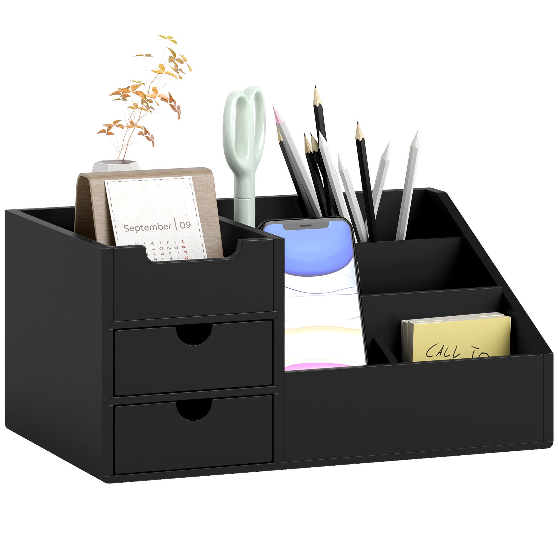 Photo of HOMCOM Desk Organiser Holder, Bamboo Multi-Function Storage Caddy with 7 Storage Compartments and 2 Drawers for Home Office Stationary Supplies, Black in Black colour on a white background