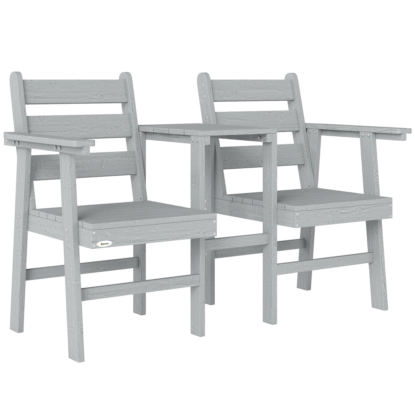 Photo of Outsunny Outdoor Garden Loveseat, Embossed Wooden Jack and Jill Garden Seat with Integrated Table, Grey in Grey colour on a white background