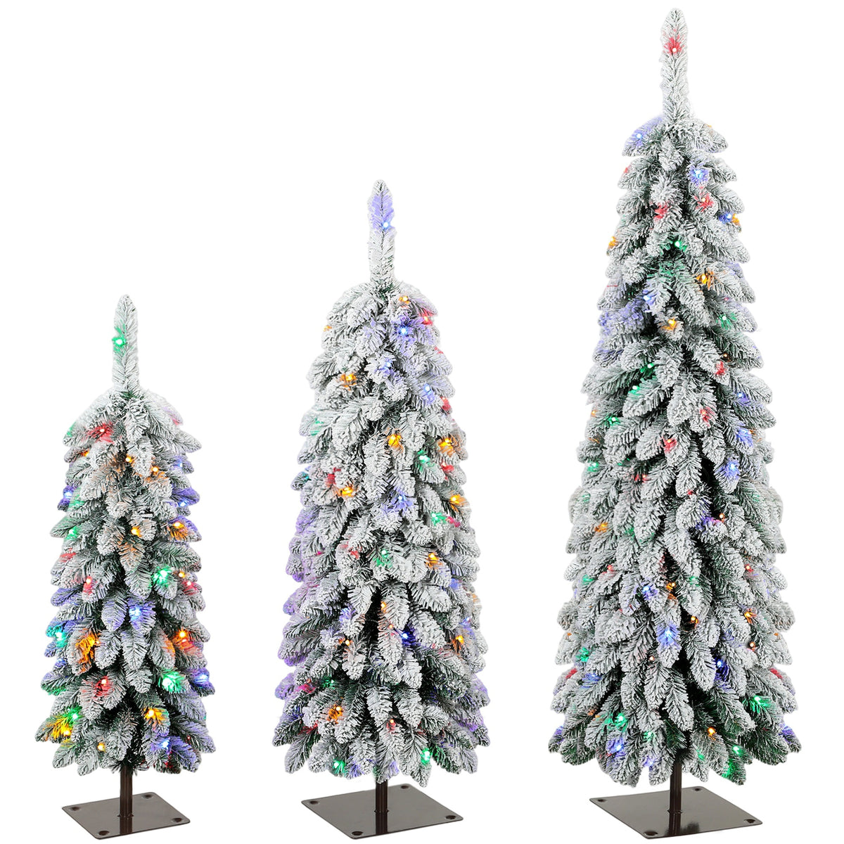 Photo of HOMCOM Artificial Christmas Tree Set of 3, Snowy Pre-Lit Christmas Tree with PVC Branch Tips, 90/120/150 cm, Green White in White colour on a white background