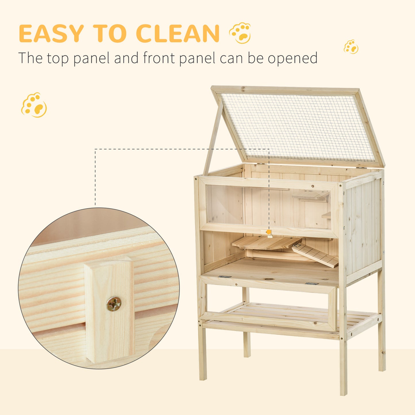 PawHut Wooden Hamster Cage with Storage Shelf, Small Animal Exercise Play House with Openable Top, Ramp for Gerbils, Drawf Hamsters, 60 x 40 x 80 cm - Natural