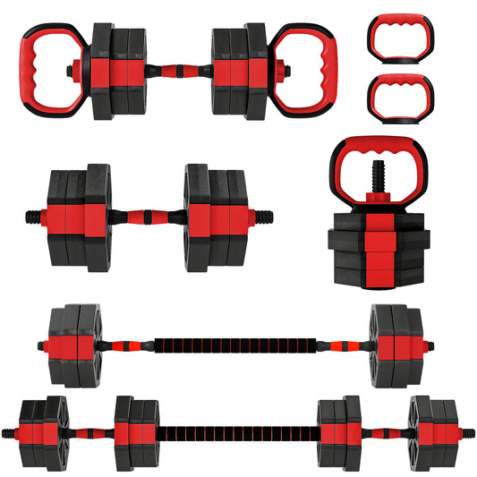 Photo of SPORTNOW 6-in-1 Adjustable Weight Dumbbells Set, Used as Kettlebell, Barbell, Dumbbell, Push-Up Stand, 20kg Free Weights Set for Men and Women Home Gym Training, Red in Red colour on a white background