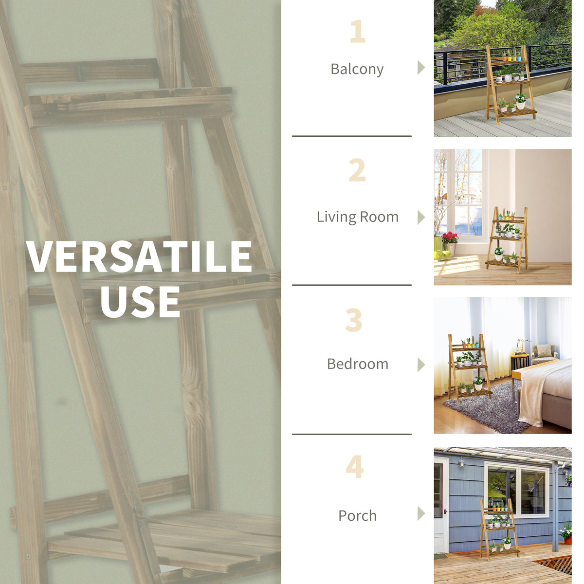Outsunny three-tier wooden plant stand displayed in balcony, living room, bedroom, and porch settings