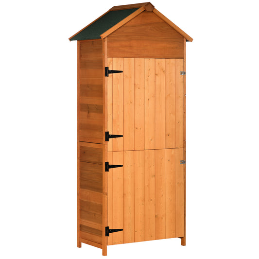 Photo of Outsunny Wooden Outdoor Storage Shed, Compact Utility Outdoor Tool Shed with Lockable Double Doors and Shelves, Orange in Orange colour on a white background