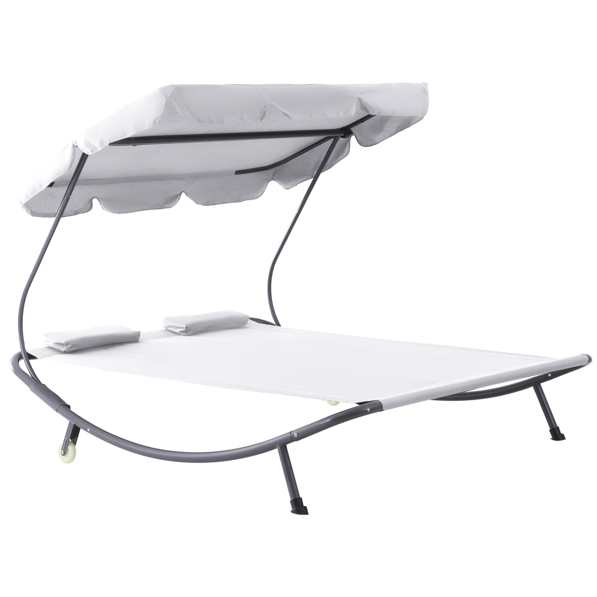 Photo of Outsunny Double Sun Lounger with Adjustable Detachable Canopy, Portable Garden Daybed for 2 with Wheels, Outdoor Sunbed Hammock with 2 Pillows, 220 KG Max. Load, White in White colour on a white background