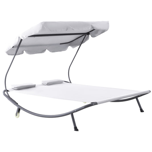 Photo of Outsunny Double Sun Lounger with Adjustable Detachable Canopy, Portable Garden Daybed for 2 with Wheels, Outdoor Sunbed Hammock with 2 Pillows, 220 KG Max. Load, White in White colour on a white background