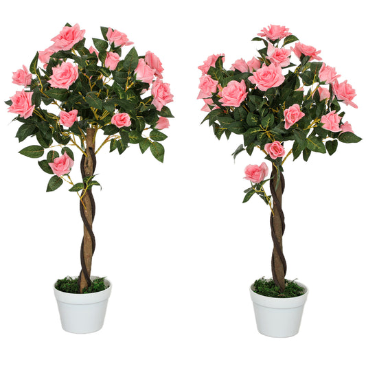 Photo of Outsunny Set of 2 Artificial Plants Pink Rose Floral in Pot, Fake Plants for Home Indoor Decor, 90cm in 90cm colour on a white background