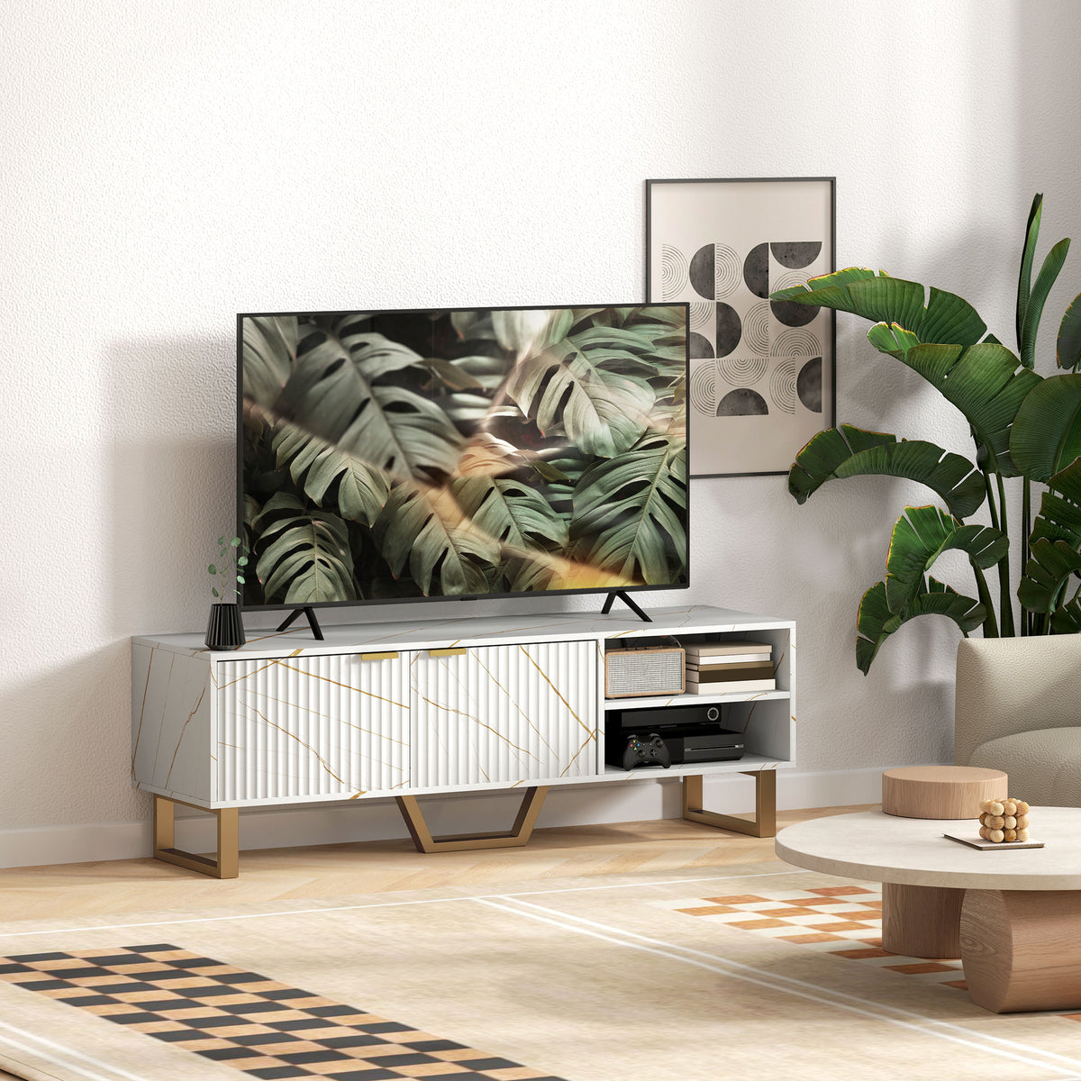 White marble-effect TV stand with fluted doors, open shelves and gold legs