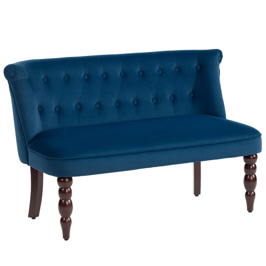 Photo of HOMCOM Velvet 2 Seater Sofa, Button Tufted Wingback Loveseat with Rubber Wood Legs for Living Room, Bedroom, Dark Blue in Blue colour on a white background