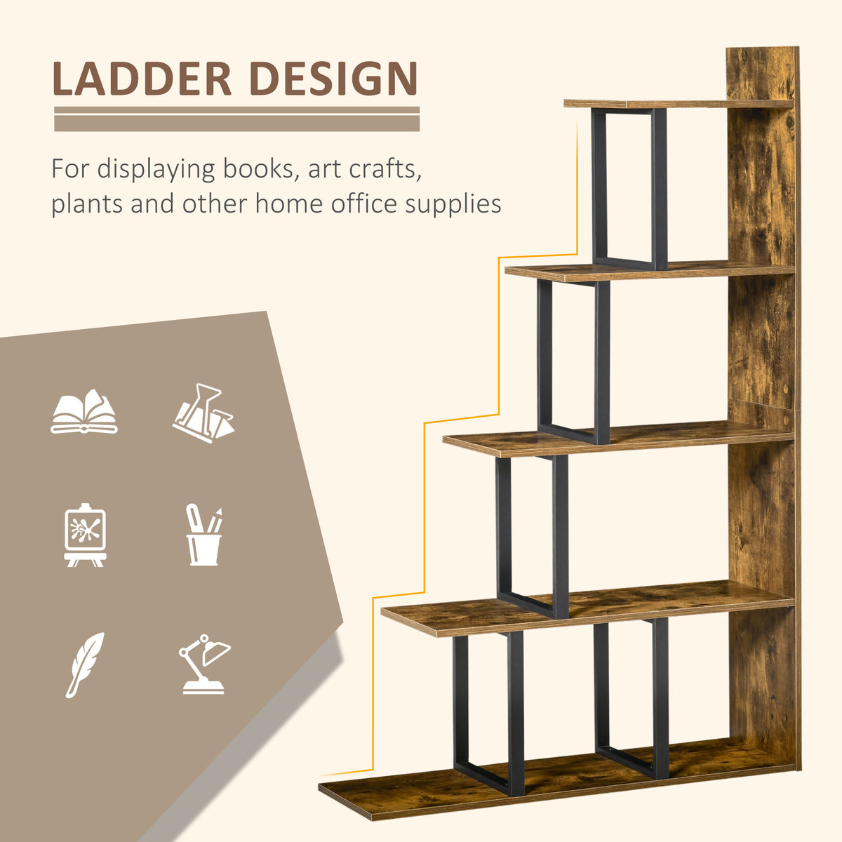 Rustic brown five-tier ladder bookshelf with wood-look shelves and black metal supports