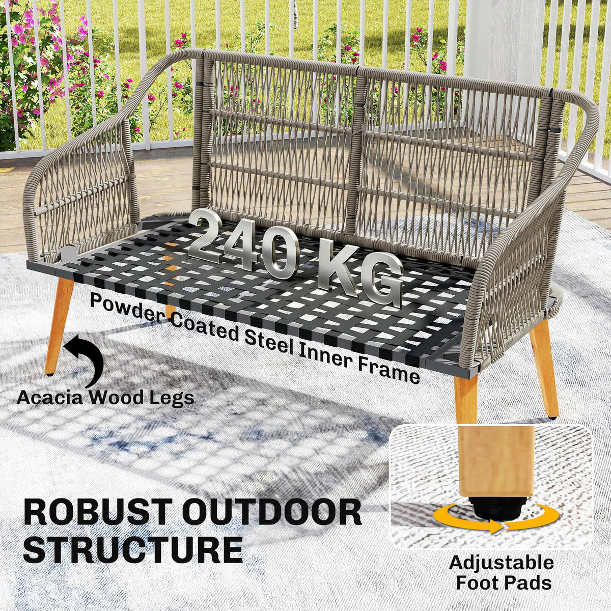 Rattan loveseat with steel inner frame, acacia wood legs, and adjustable foot pads