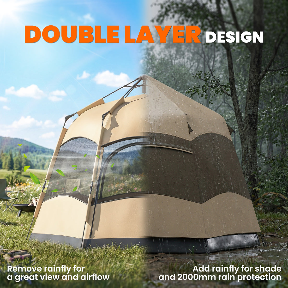 Outsunny 3 Man Instant Pop Up Tent with Rainfly, Portable Camping Shelter with Sewn-in Groundsheet, Carry Bag, Brown