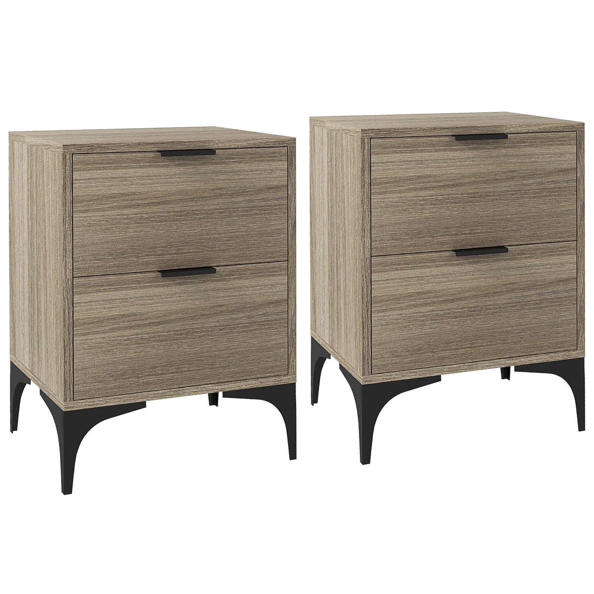 Pair of wood-effect bedside tables with two drawers and black steel legs