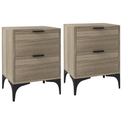 Pair of wood-effect bedside tables with two drawers and black steel legs