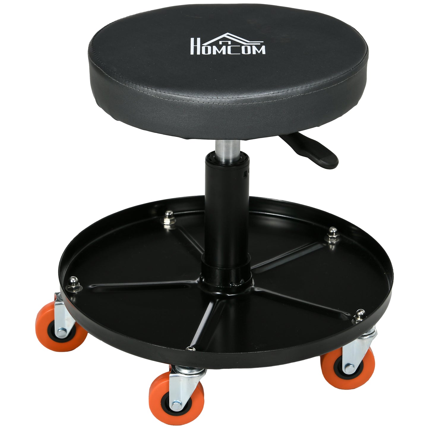 Photo of HOMCOM Rolling Mechanical Stool, Pneumatic Adjustable Workshop Stool with Tool Tray, Wheels - Black in Black colour on a white background
