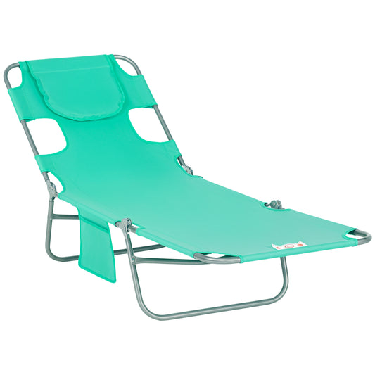 Green folding sun lounger with padded face pillow, arm slots and tubular steel frame.