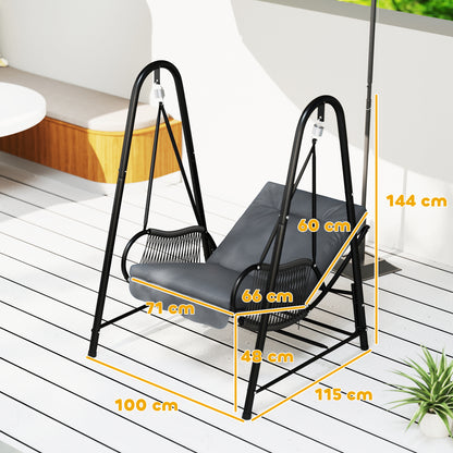 Dark gray rattan swing chair with stand and cushion, shown with dimensions