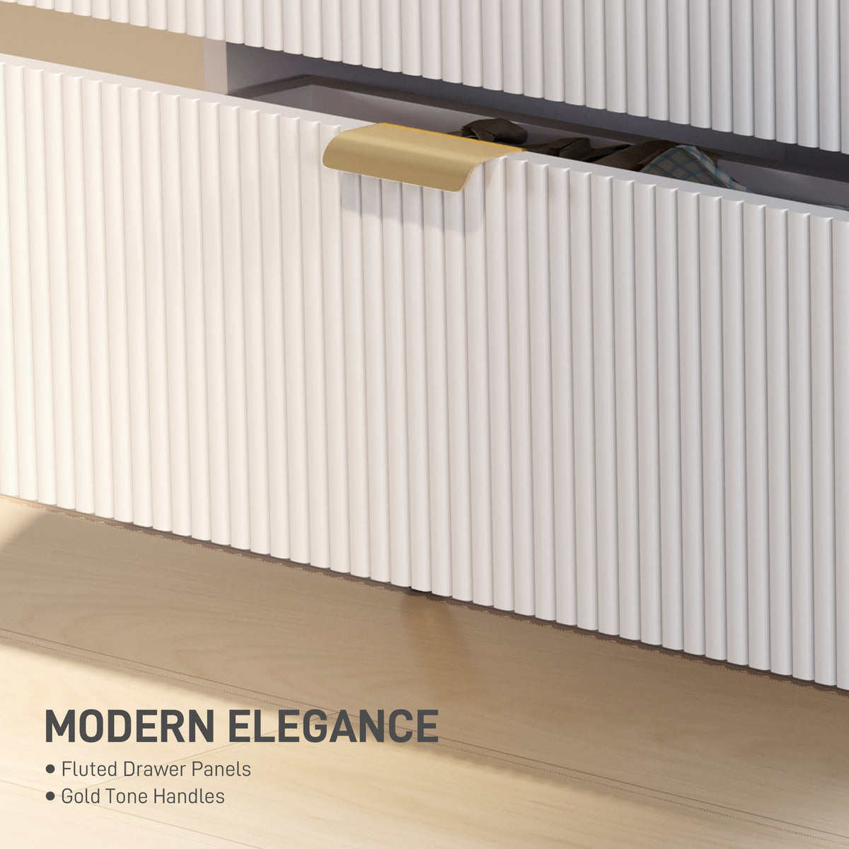 Close-up of a fluted white drawer front and gold-tone handle