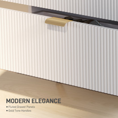 Close-up of a fluted white drawer front and gold-tone handle