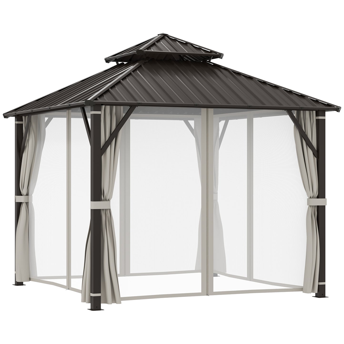 Photo of Outsunny 3 x 3(m) Hardtop Gazebo Canopy with Double Metal Roof, Waterproof Permanent Pavilion Garden Gazebo with Netting and Curtains, Easy to Assemble, Beige in Beige colour on a white background