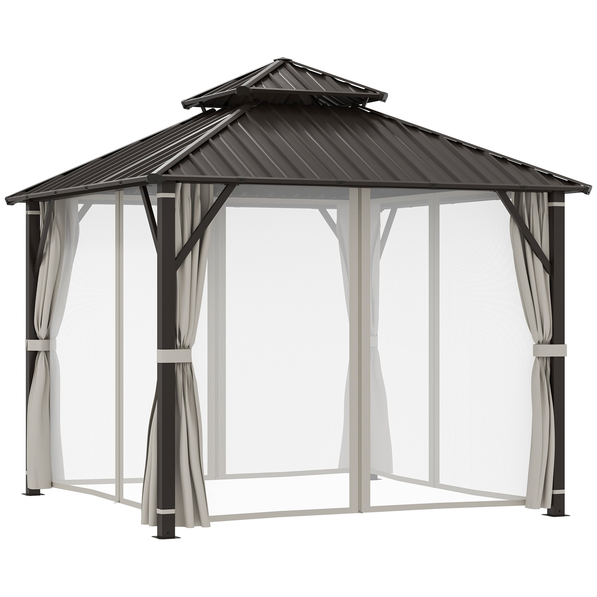 Photo of Outsunny 3 x 3(m) Hardtop Gazebo Canopy with Double Metal Roof, Waterproof Permanent Pavilion Garden Gazebo with Netting and Curtains, Easy to Assemble, Beige in Beige colour on a white background