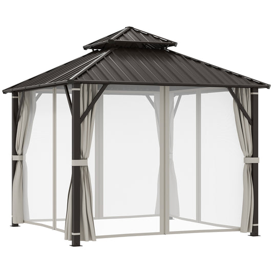 Photo of Outsunny 3 x 3(m) Hardtop Gazebo Canopy with Double Metal Roof, Waterproof Permanent Pavilion Garden Gazebo with Netting and Curtains, Easy to Assemble, Beige in Beige colour on a white background
