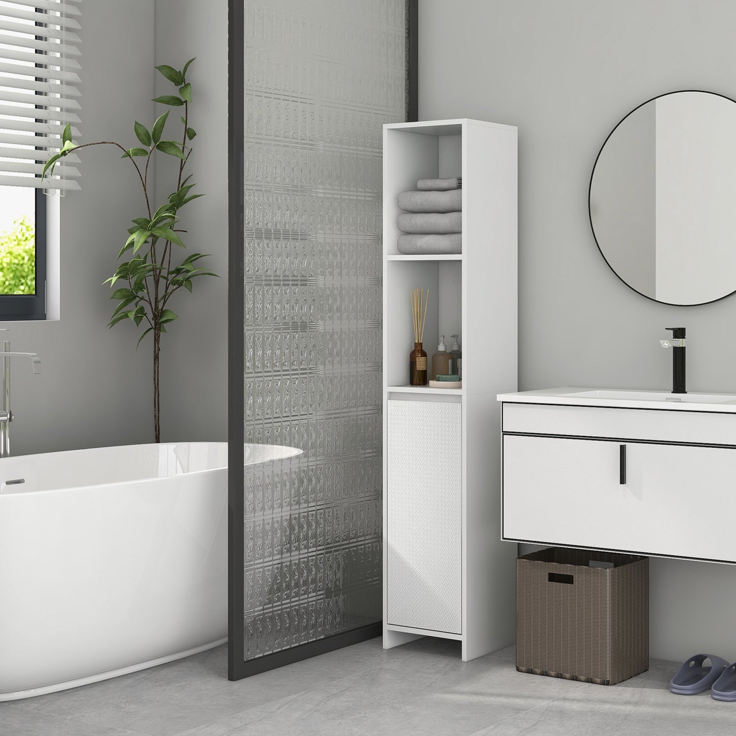 HOMCOM Narrow Bathroom Cabinet, Slim Bathroom Storage Unit with Open Compartment, Freestanding Storage Cupboard for Small Spaces, 30 x 30 x 160 cm, White