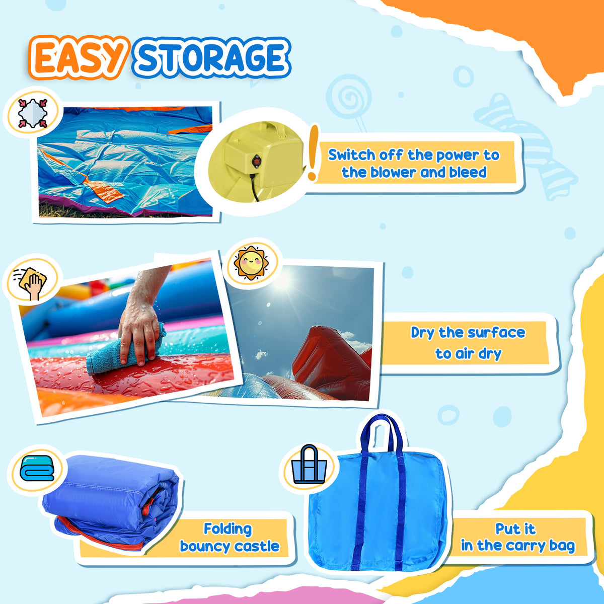 Folded blue inflatable bounce house storage bag and blower shown with drying and storage instructions