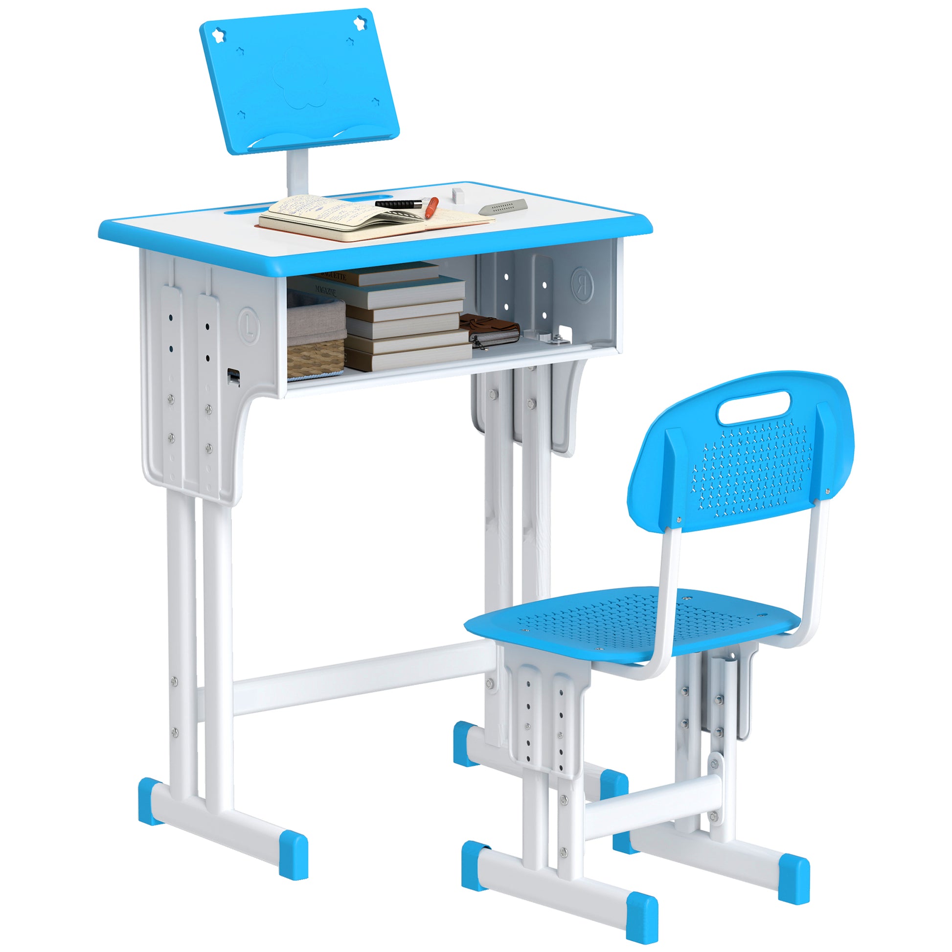 Photo of HOMCOM Kids Adjustable Desk and Chair Set, Book Stand, Pen Slot - Blue in Blue colour on a white background