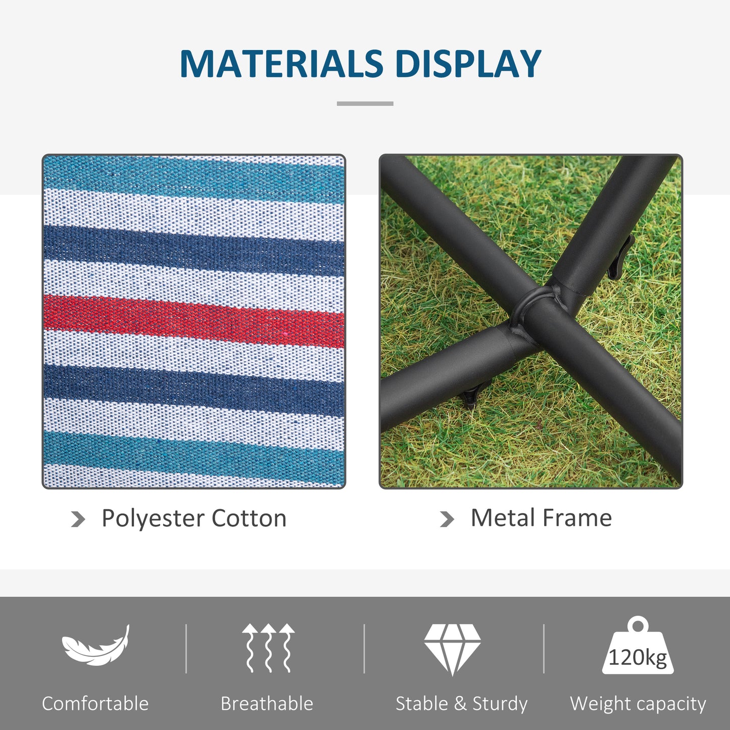 Outsunny 298 x 117cm Hammock with Stand Camping Hammock with Portable Carrying Bag, Adjustable Height, 120kg Load Capacity, Blue and White Stripe