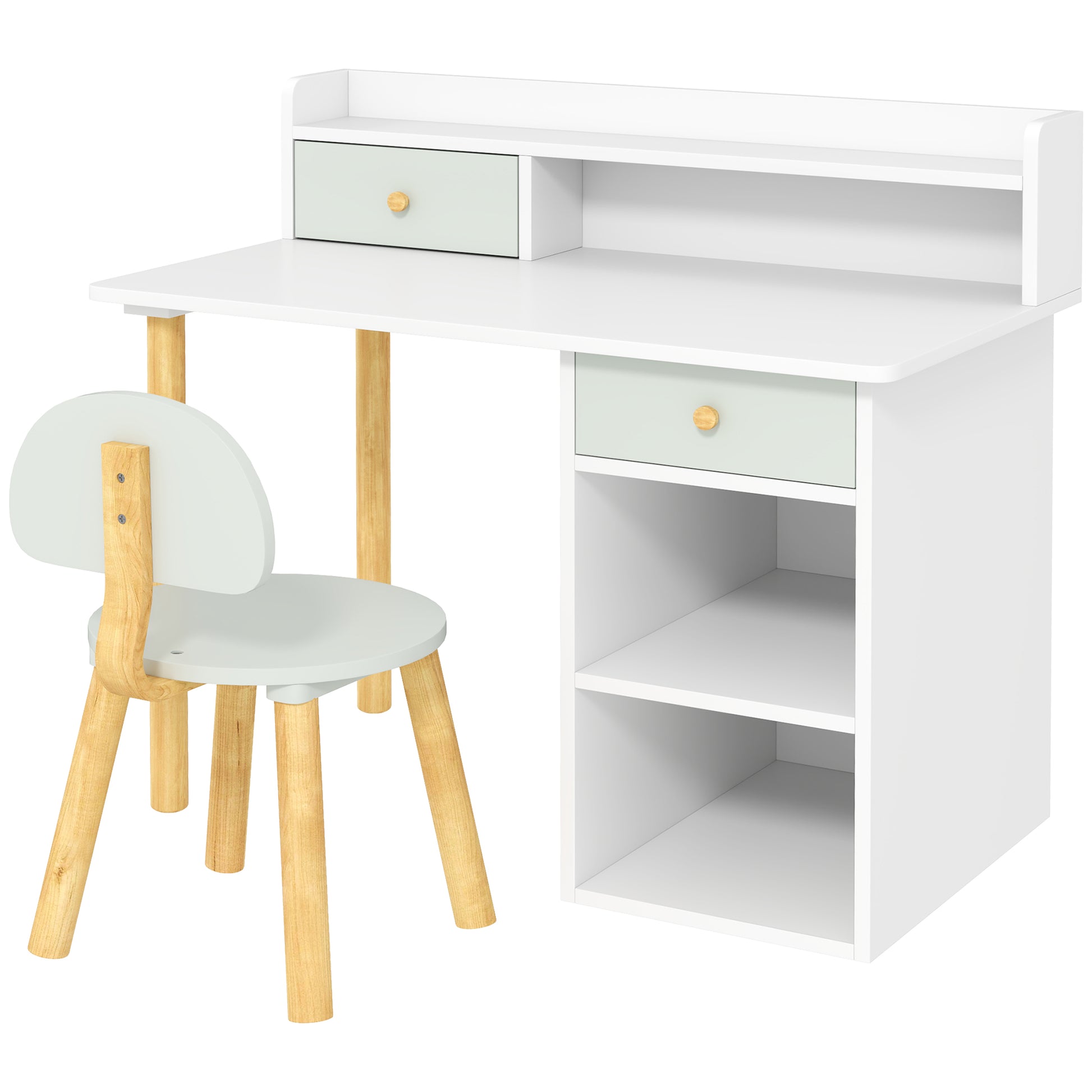 Photo of AIYAPLAY Two-Piece Children Study Table with Hutch, Kids Desk and Chair Set with Storage, Drawer, Shelves, Green in Green colour on a white background