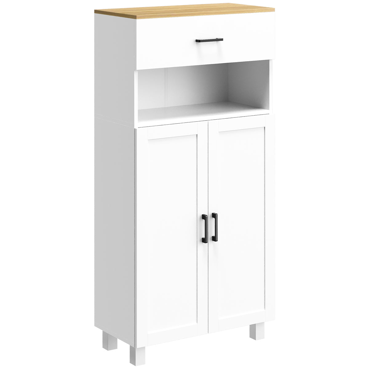 White freestanding cabinet with wood-look countertop, drawer, open shelf and two doors